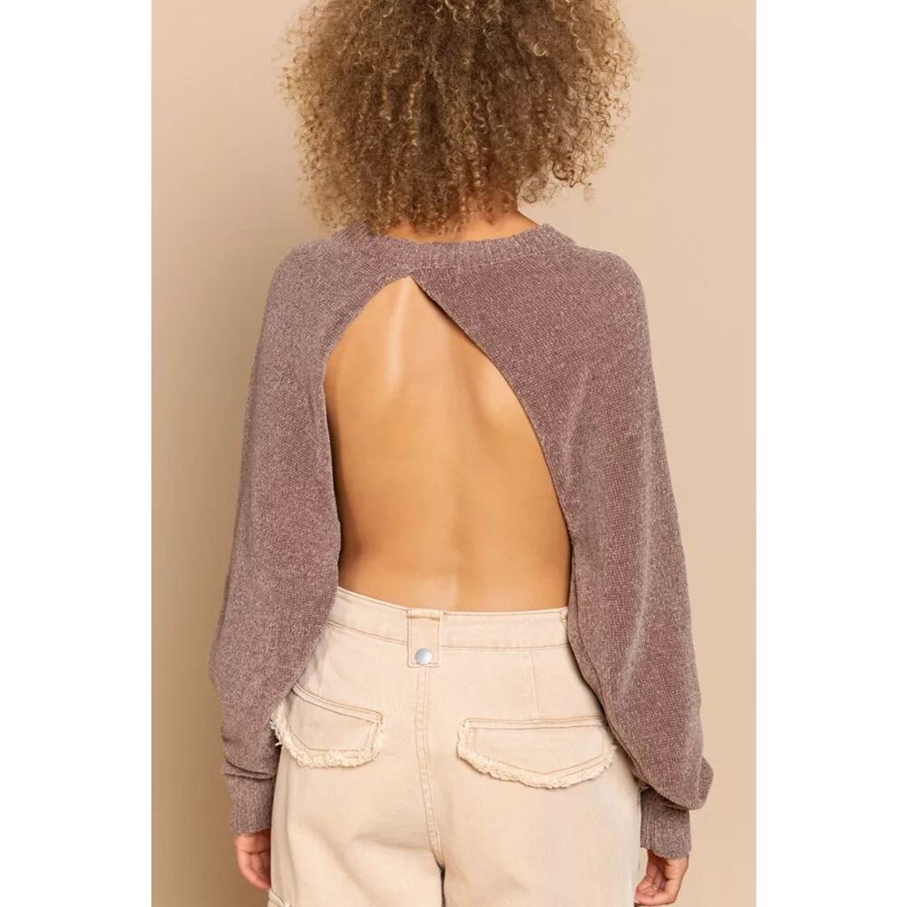 POL Round Neck Backless Sweater with Ribbed Edge - Picture 3 of 5